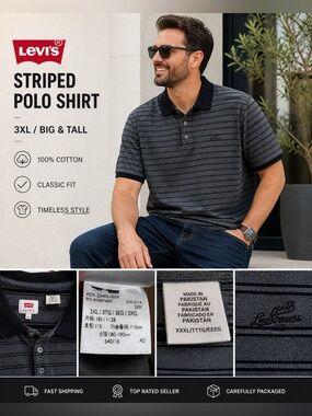 Levi's Striped Polo Shirt 3XL Gray Black Big & Tall Cotton Logo Casual Classic
